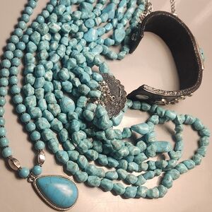 Leatherock Bracelet, Turquoise Colored Beaded Necklaces  Set